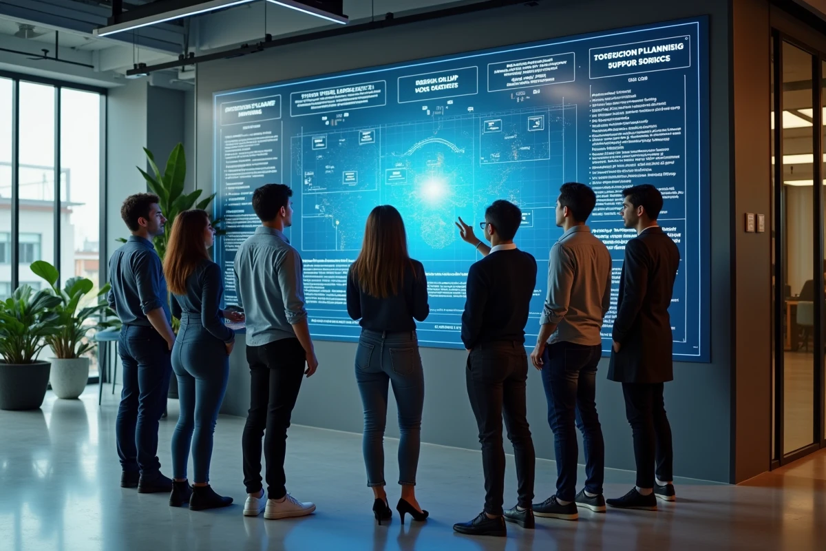 Groupe diversifié collaborant autour d un mur digital blockchain