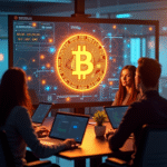 Groupe de personnes autour d'un écran blockchain et bitcoin