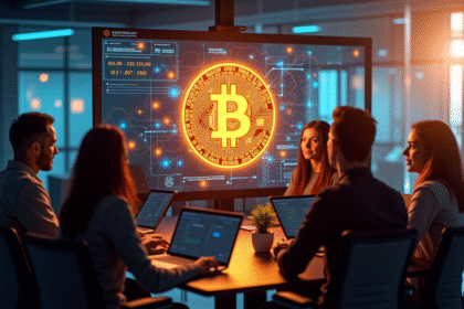 Groupe de personnes autour d'un écran blockchain et bitcoin