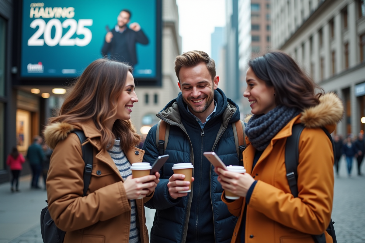 Groupe de jeunes discutant devant une affiche crypto en ville