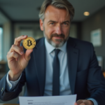 Homme d'affaires tenant un bitcoin dans un bureau moderne