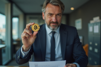 Homme d'affaires tenant un bitcoin dans un bureau moderne