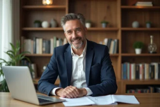 Homme en costume dans un bureau moderne et lumineux