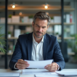 Homme d'affaires en costume bleu au bureau