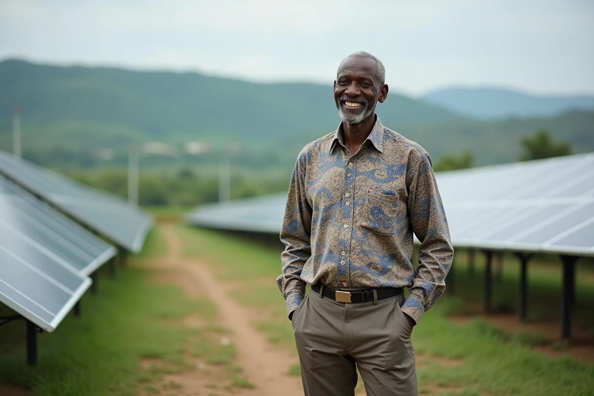 Homme africain examine panneaux solaires en plein air
