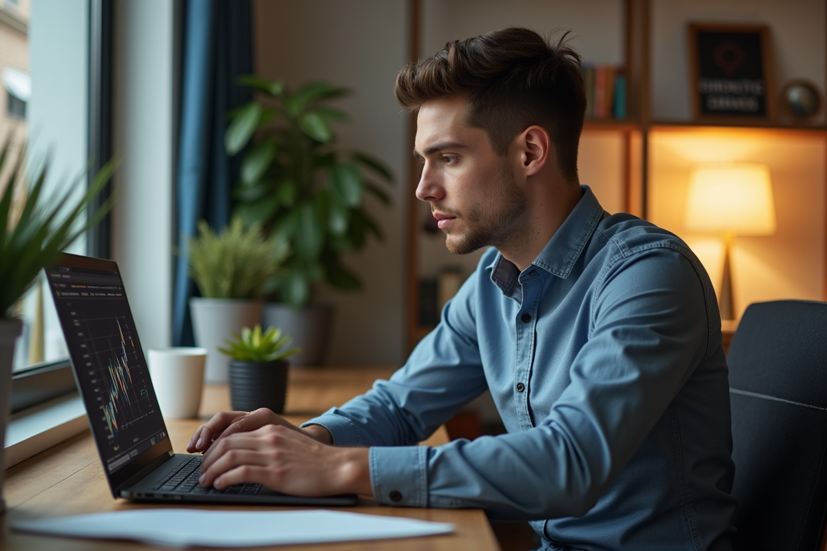 Jeune homme professionnel analysant des données crypto sur son ordinateur