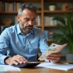 Homme d'âge moyen examinant des billets de banque dans un bureau