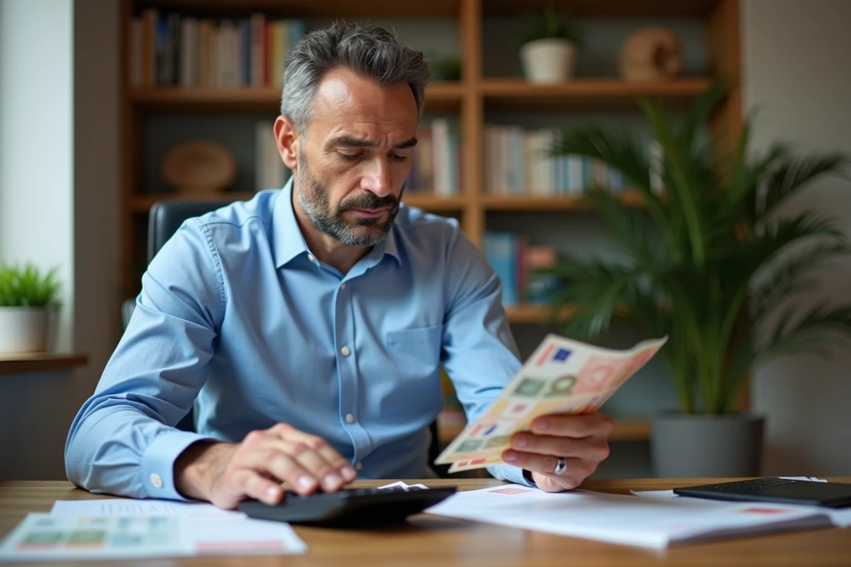 Homme d'âge moyen examinant des billets de banque dans un bureau