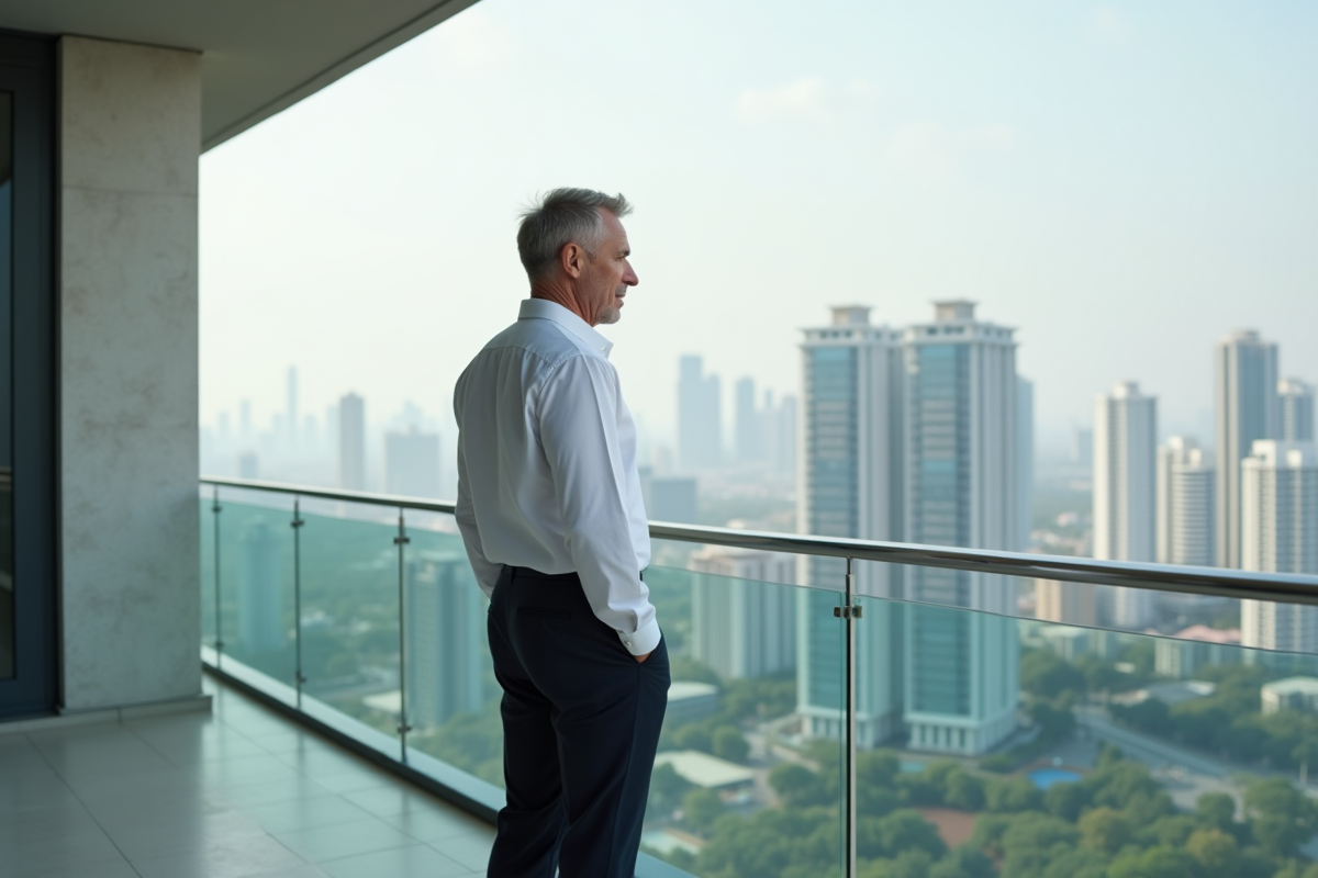 Homme regardant skyline urbaine moderne