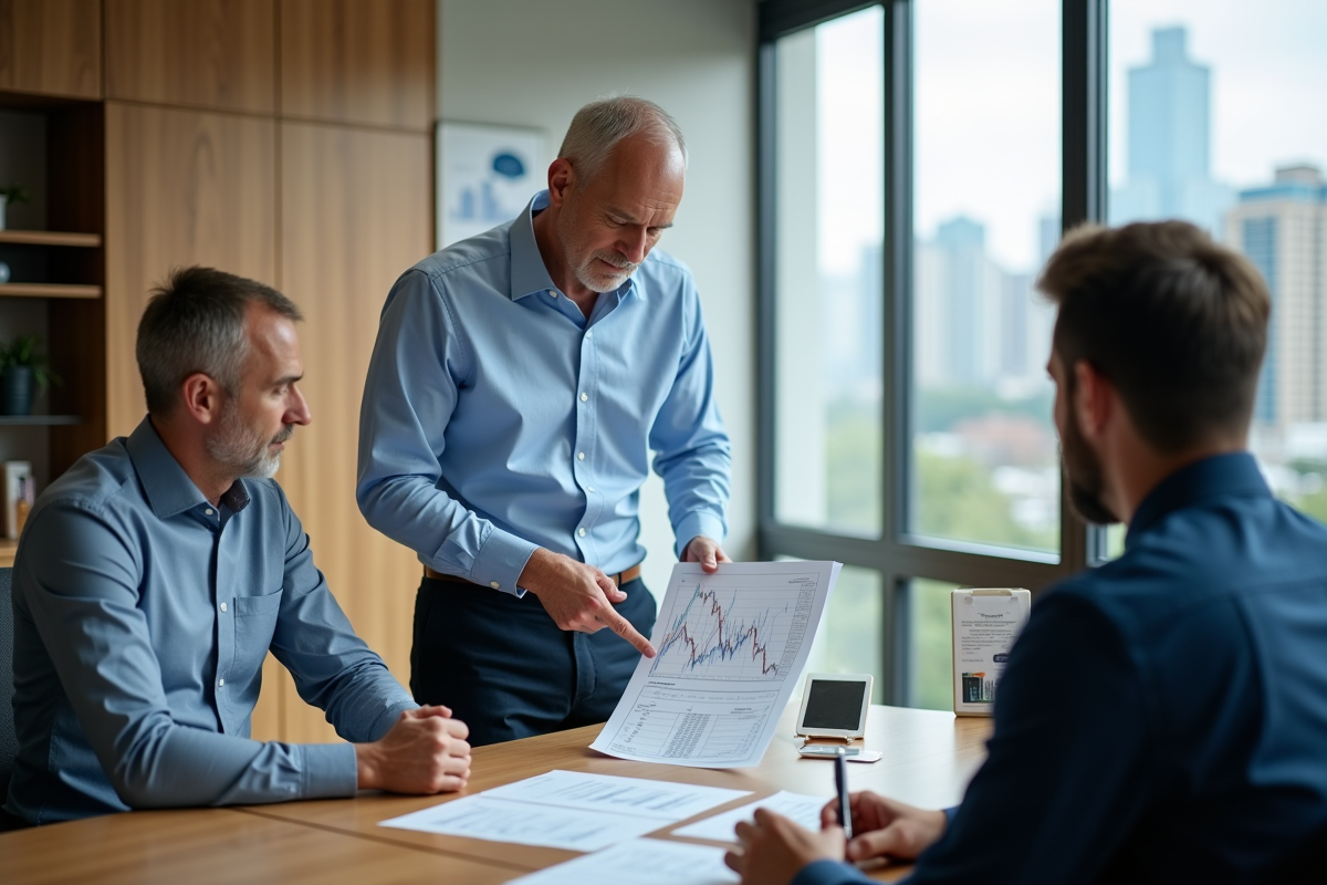 Homme en business casual expliquant un graphique financier