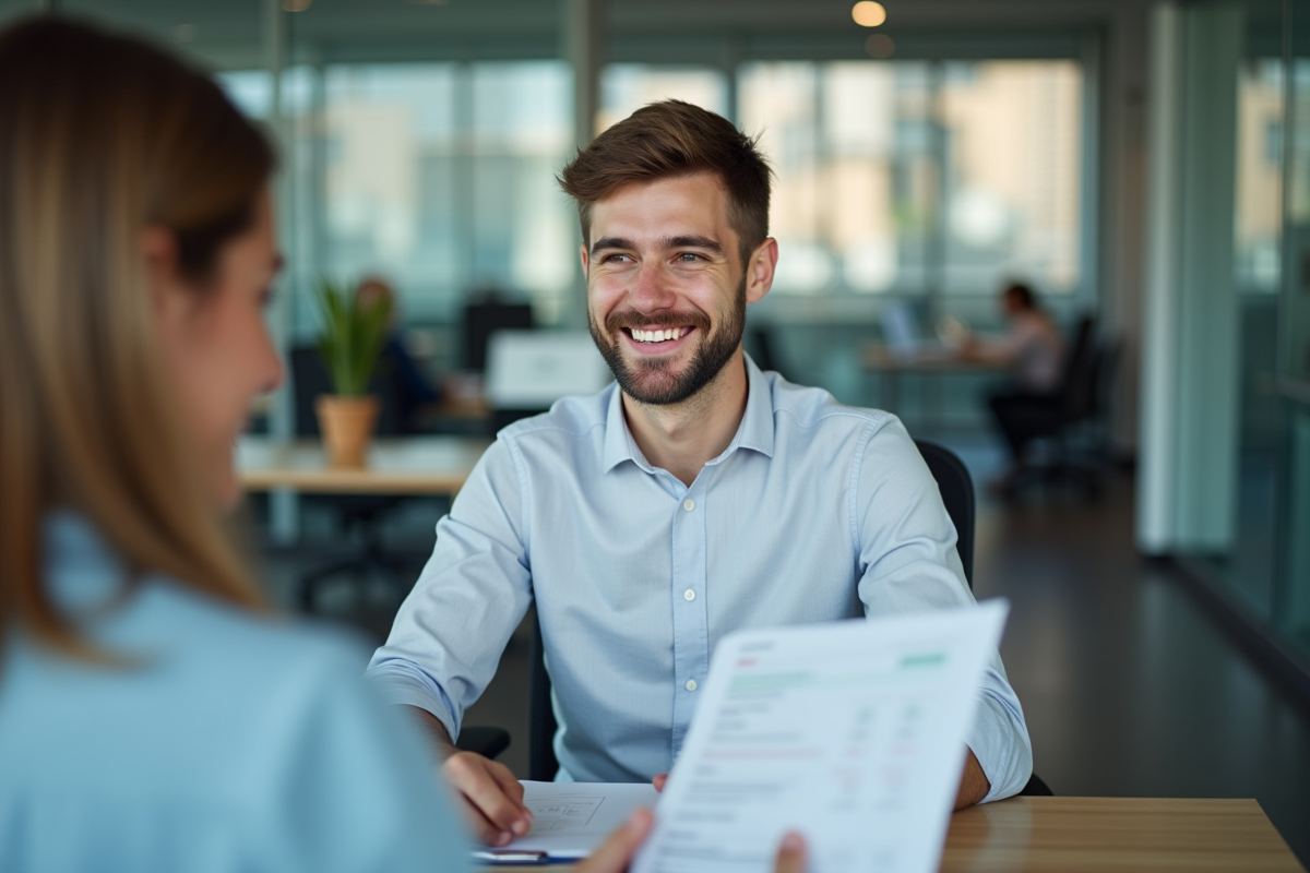 Homme souriant avec un conseiller bancaire lors d