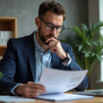 Homme en costume bleu examine des documents hypothécaires dans un bureau