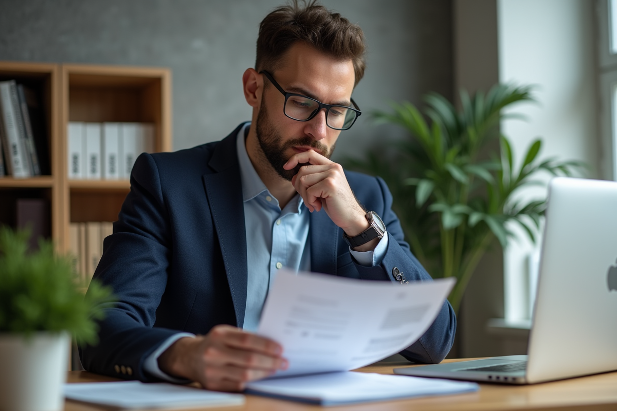 Homme en costume bleu examine des documents hypothécaires dans un bureau