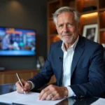 Homme d'affaires français en costume navy dans un bureau élégant