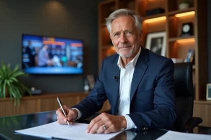 Homme d'affaires français en costume navy dans un bureau élégant