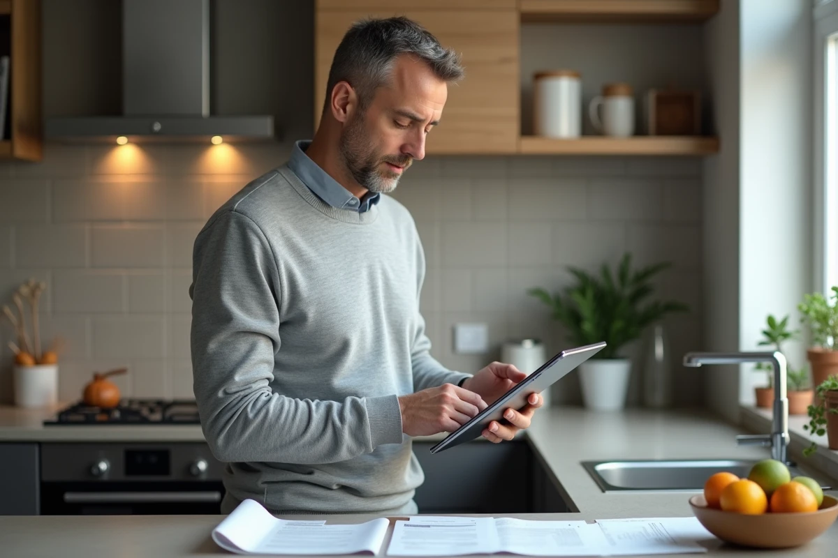 Homme à la cuisine saisissant des données sur une tablette