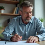 Homme d'âge moyen analysant des documents financiers dans un bureau moderne