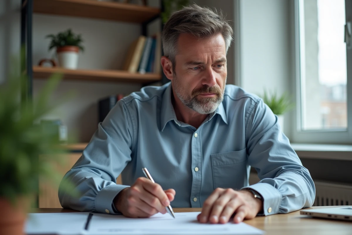 Homme d'âge moyen analysant des documents financiers dans un bureau moderne