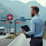 Homme regardant le panneau frontière entre la Suisse et la France