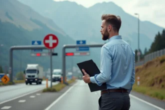 Homme regardant le panneau frontière entre la Suisse et la France