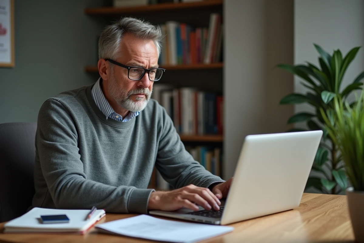 Homme frustré travaillant sur son ordinateur dans un bureau à domicile