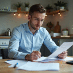 Homme en chemise bleue regarde ses papiers de finances