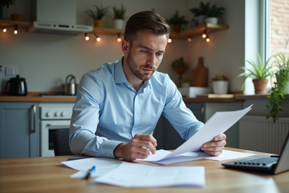 Homme en chemise bleue regarde ses papiers de finances