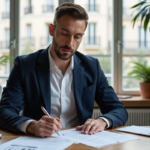 Homme d'affaires à Paris remplissant une déclaration fiscale