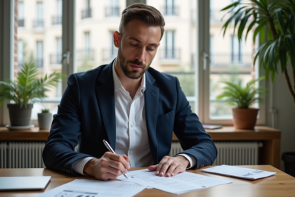 Homme d'affaires à Paris remplissant une déclaration fiscale