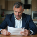 Homme d'âge moyen inquiet lisant une lettre bancaire