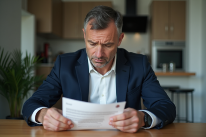 Homme d'âge moyen inquiet lisant une lettre bancaire