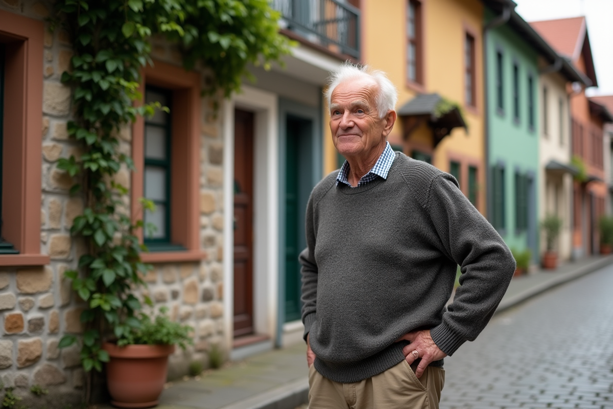 Homme âgé regarde une maison à vendre devant un quartier coloré en Europe