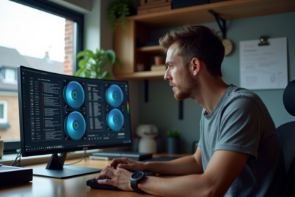 Homme surveillant un rig de minage dans un bureau moderne