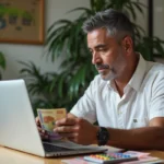 Homme d'age moyen examinant des billets de Pacific franc