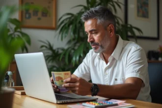 Homme d'age moyen examinant des billets de Pacific franc