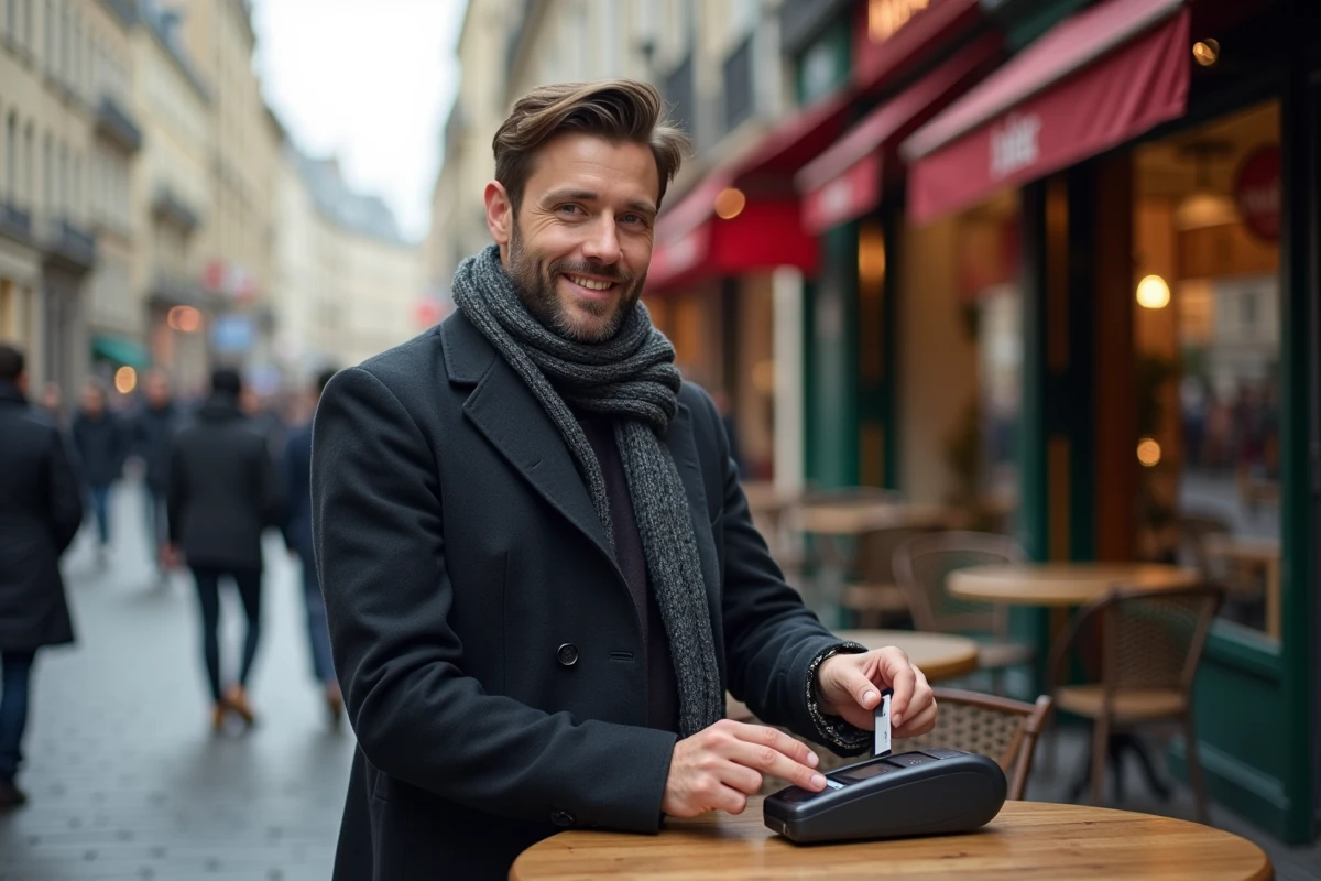Jeune homme payant sans contact à un café parisien