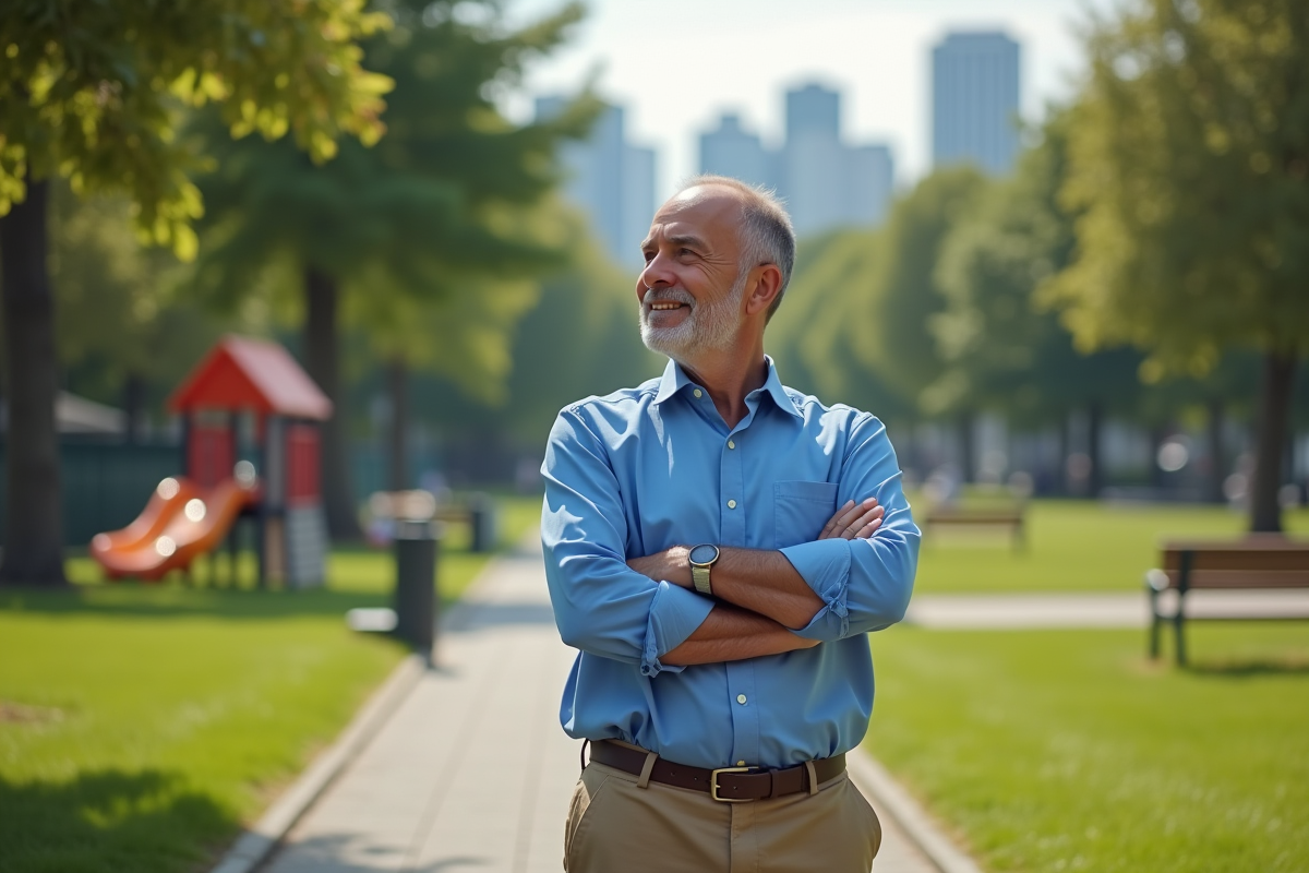Homme pensif dans un parc urbain avec jeux pour enfants