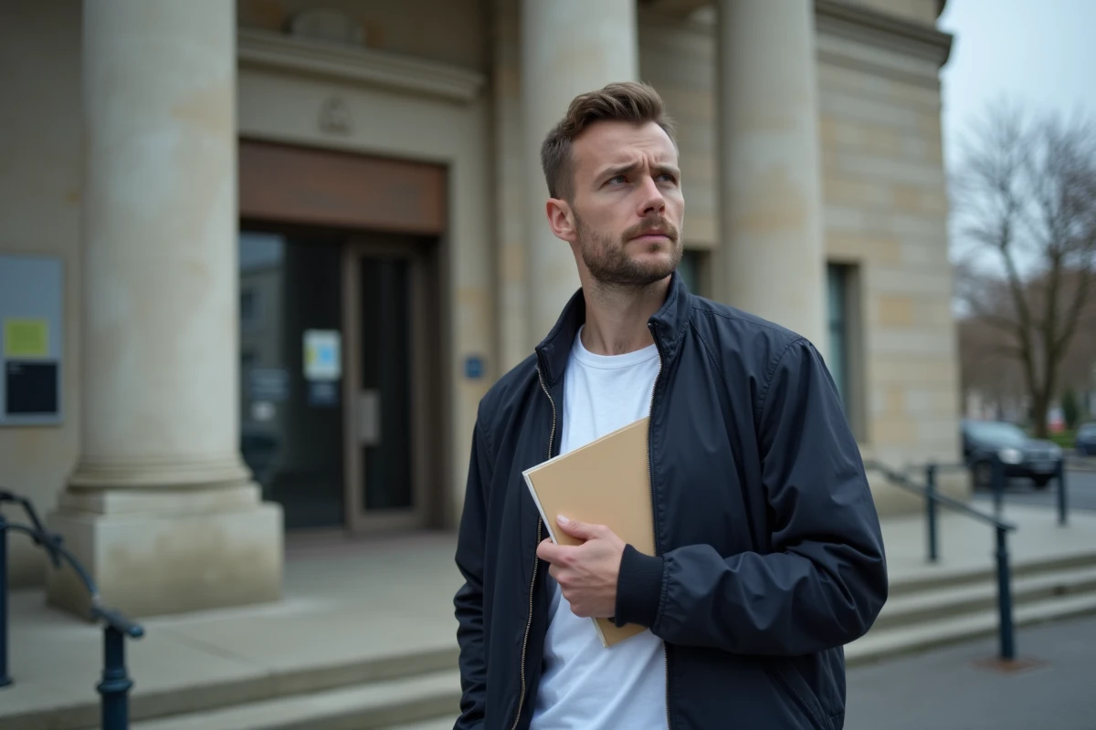 Homme seul devant un bâtiment administratif tenant son dossier RSA avec une expression anxieuse