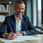 Homme d'affaires français signant un document RC Pro