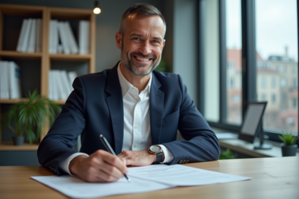 Homme d'affaires français signant un document RC Pro