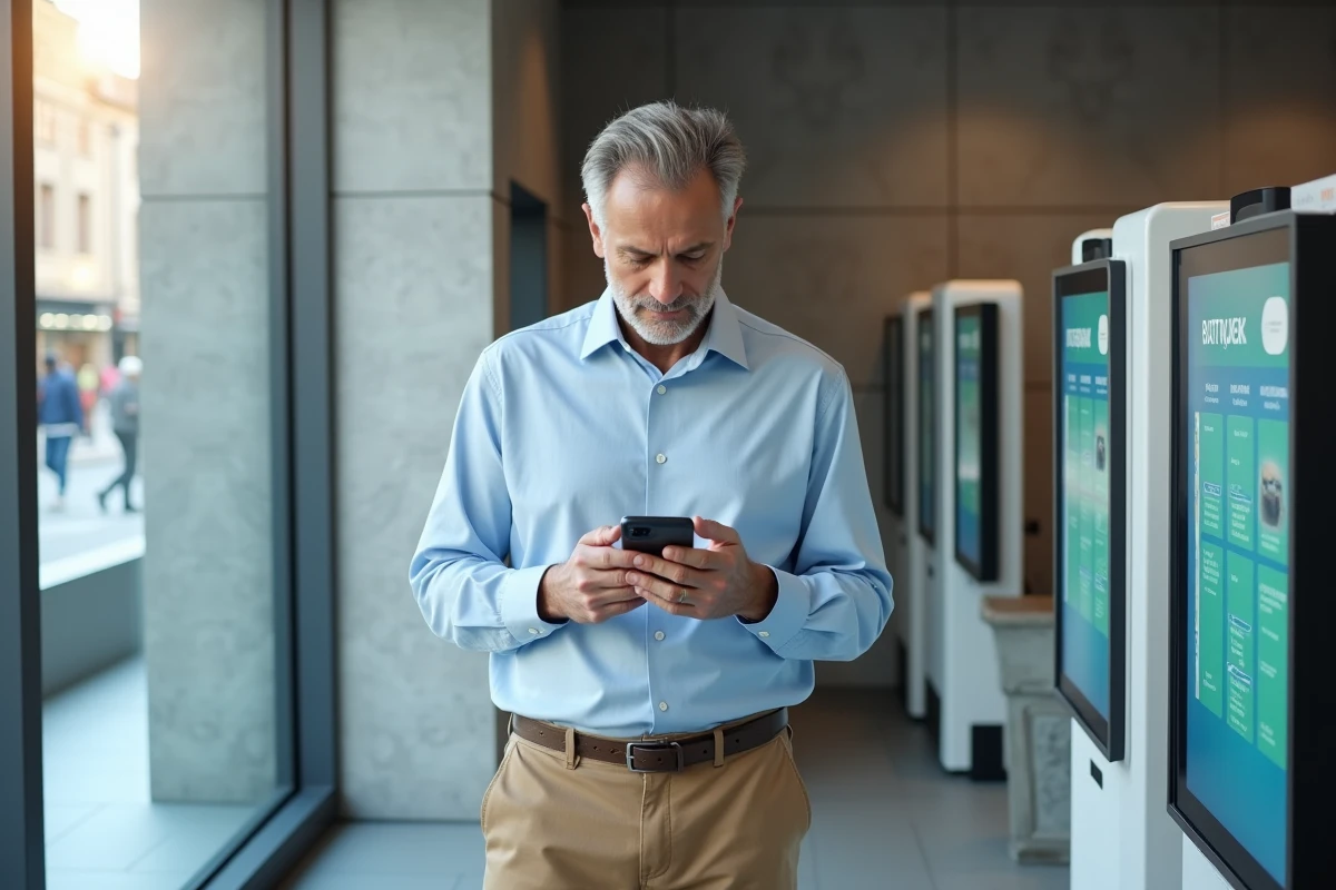 Homme utilisant son smartphone dans une agence bancaire moderne