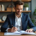 Homme en costume dans un bureau organisé et cosy