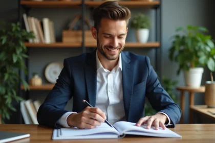 Homme en costume dans un bureau organisé et cosy