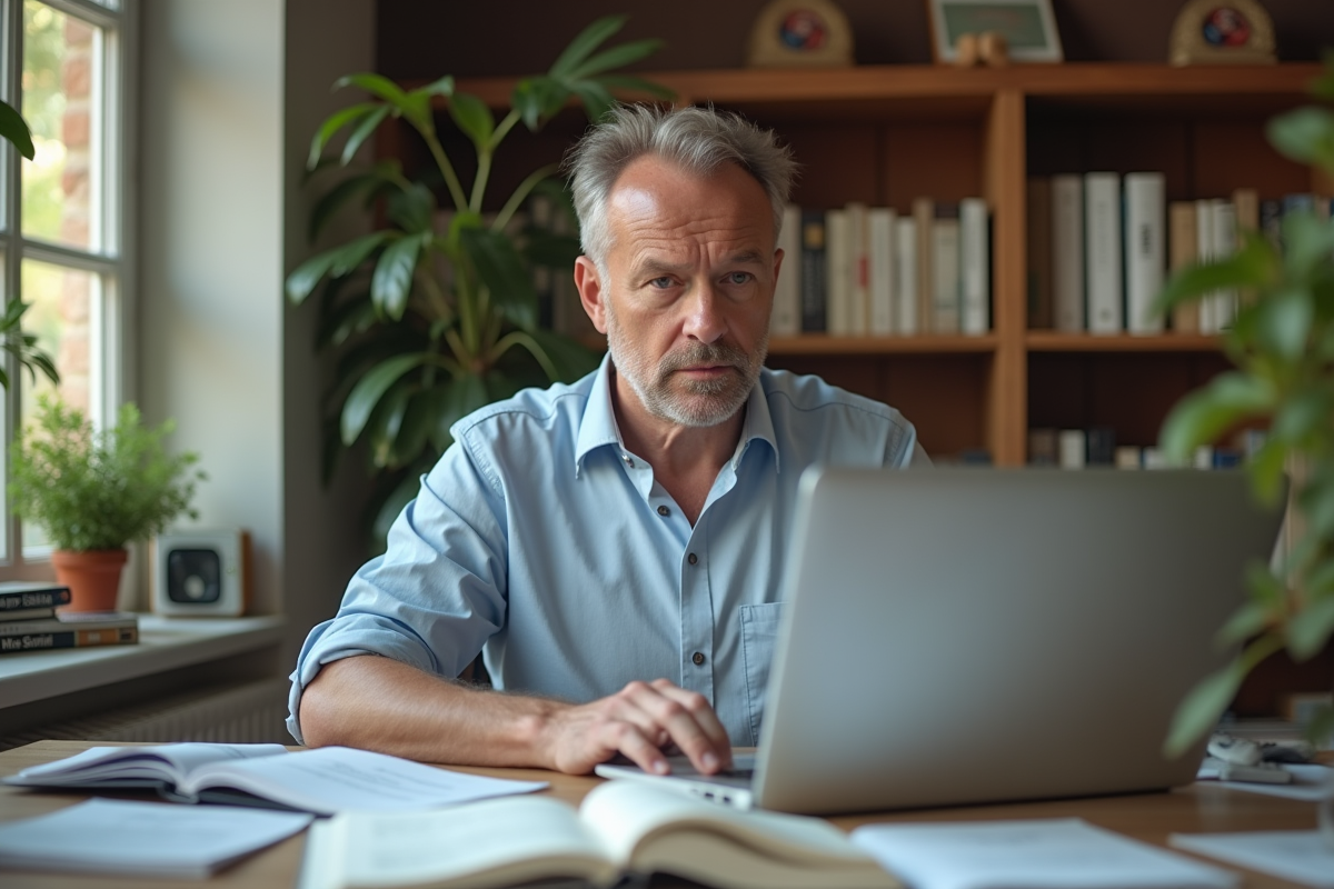 Homme concentré travaillant sur son ordinateur à la maison