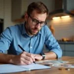 Homme d'âge moyen notant des chiffres avec monnaie ancienne et euro