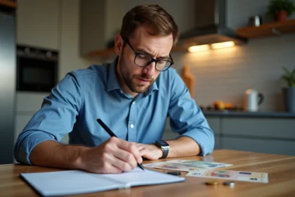 Homme d'âge moyen notant des chiffres avec monnaie ancienne et euro