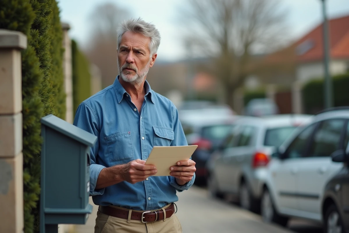 Homme lisant une lettre devant la bo&icirc;te aux lettres