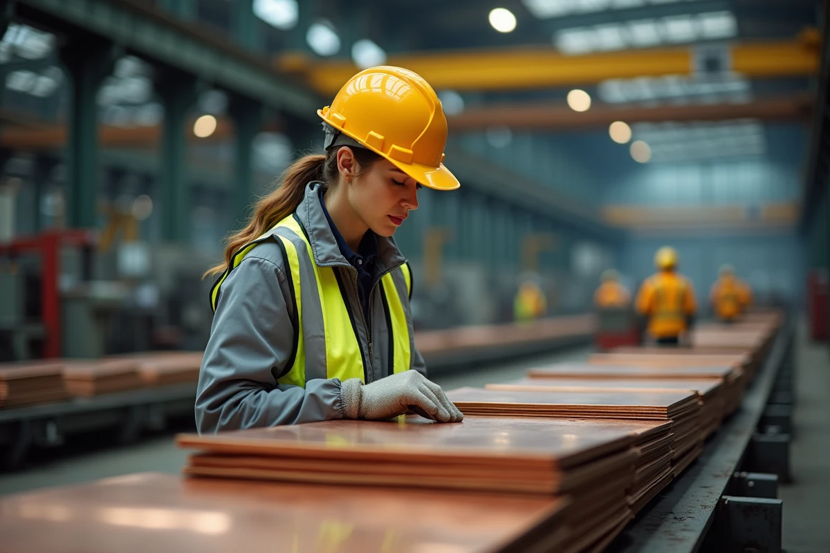 Femme ouvrière inspectant des feuilles de cuivre dans l