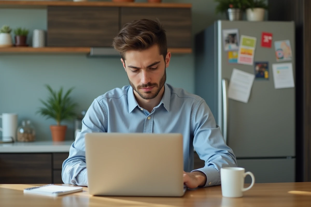 Jeune enseignant vérifie son salaire à la maison sur son ordinateur