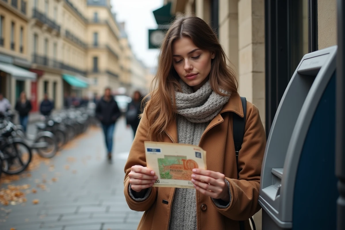 Jeune femme regardant un billet de 1000 francs à Paris